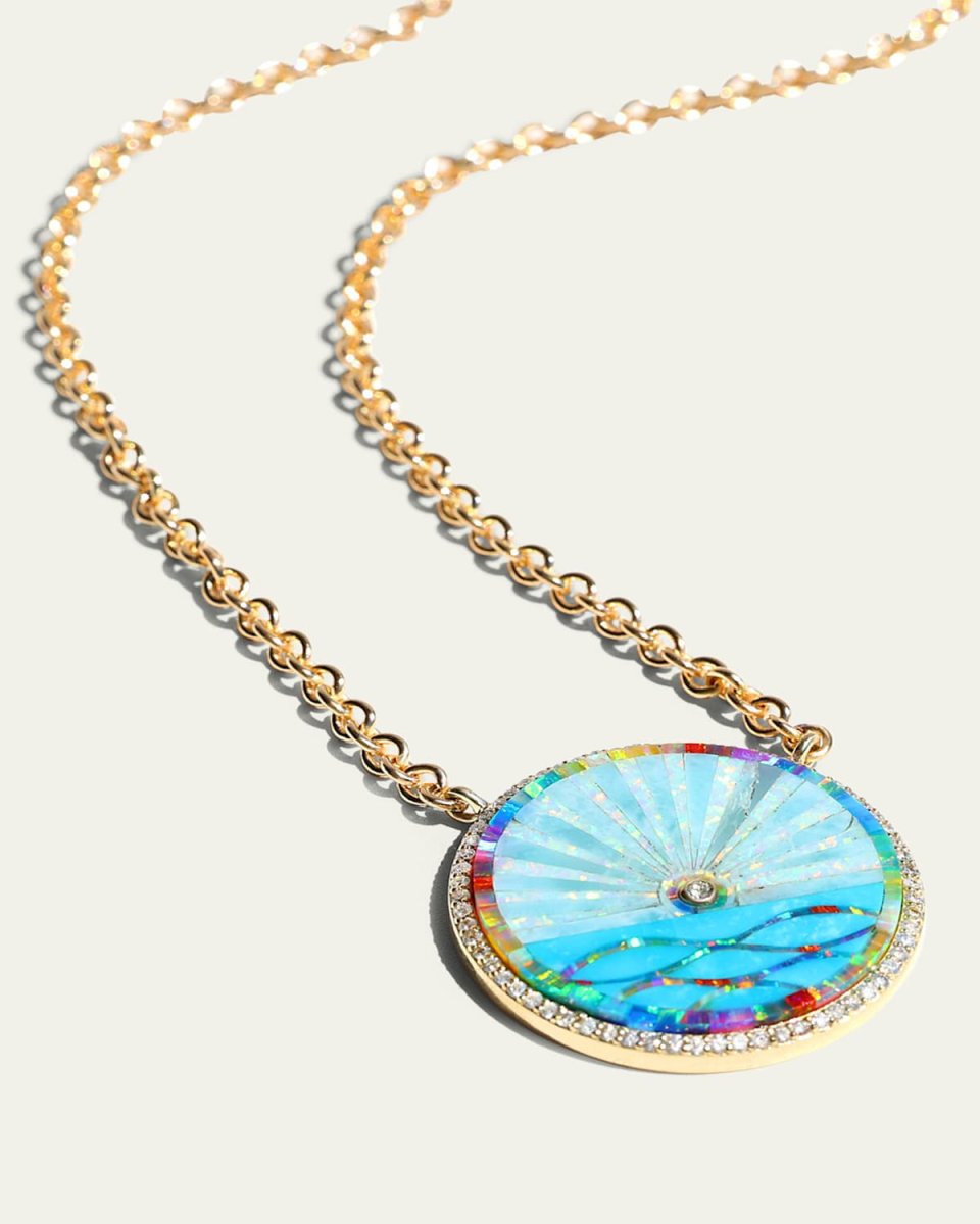14K Yellow Gold Larimar Inlay Sunrise Cable Chain Necklace